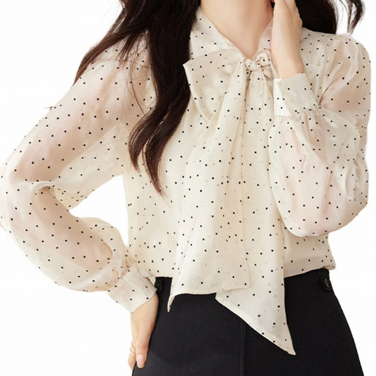 ドット柄リボンブラウス