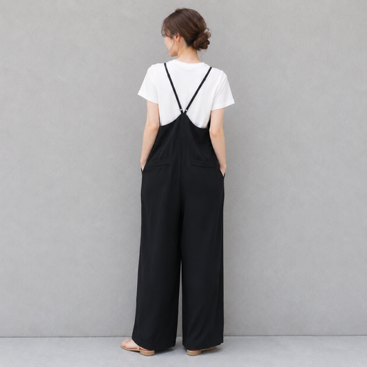 ストラップ調整 Vネック ワイドレッグ サロペット