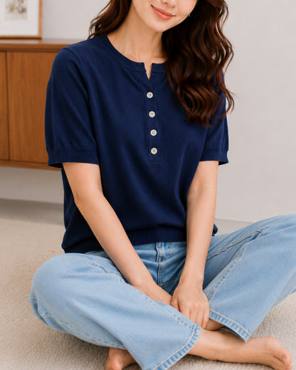 スキッパーネック半袖ニット