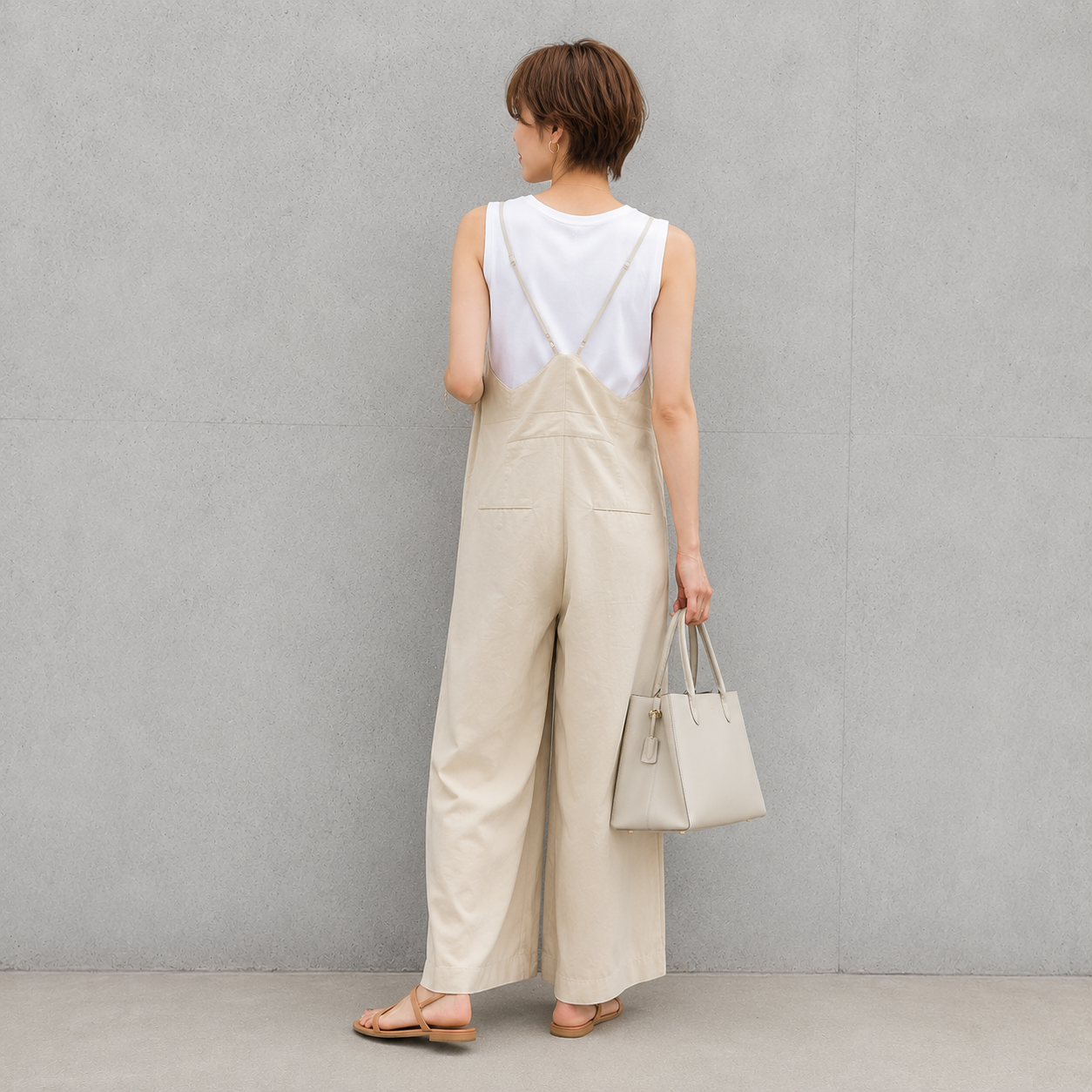 ストラップ調整 Vネック ワイドレッグ サロペット