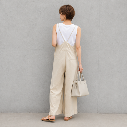 ストラップ調整 Vネック ワイドレッグ サロペット