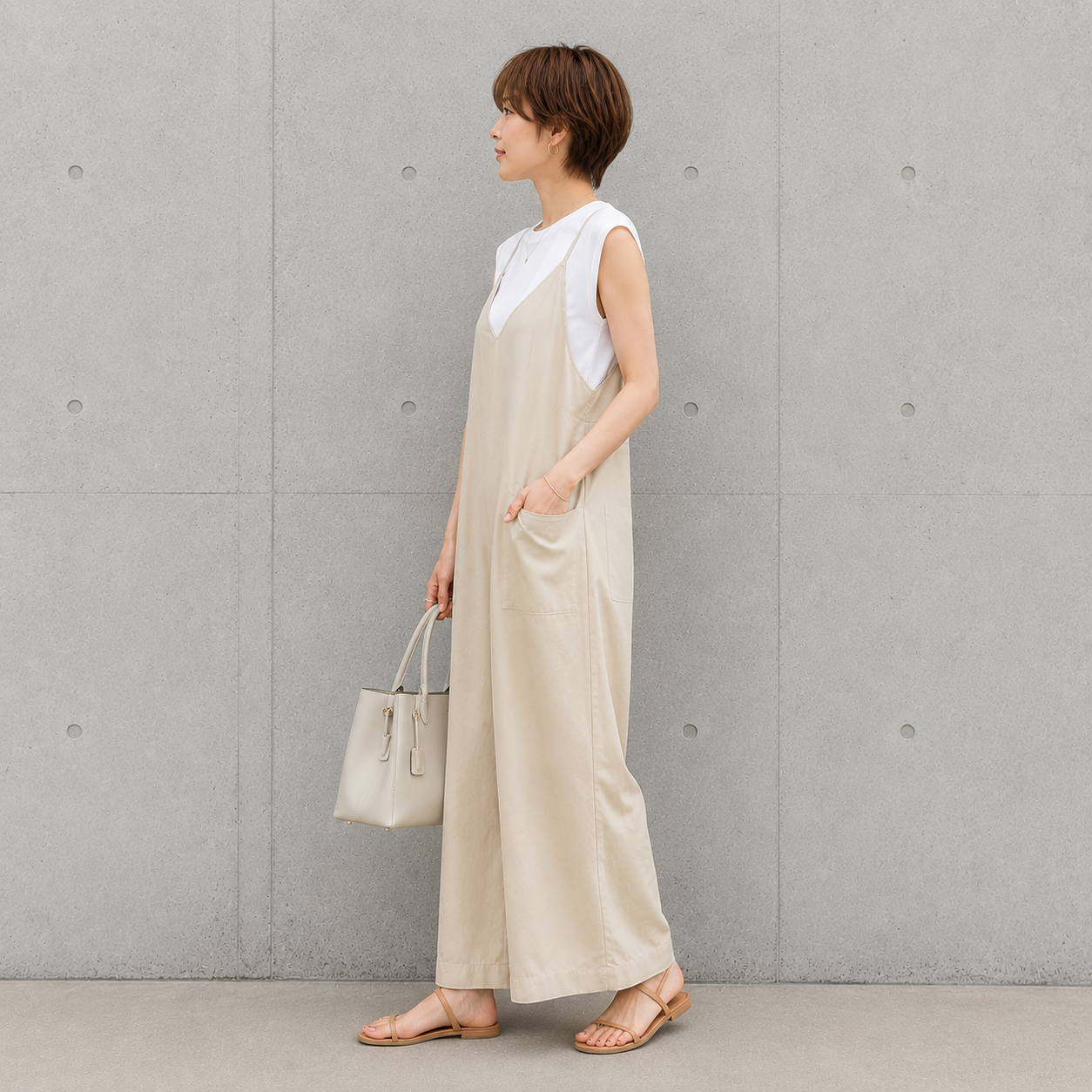 ストラップ調整 Vネック ワイドレッグ サロペット