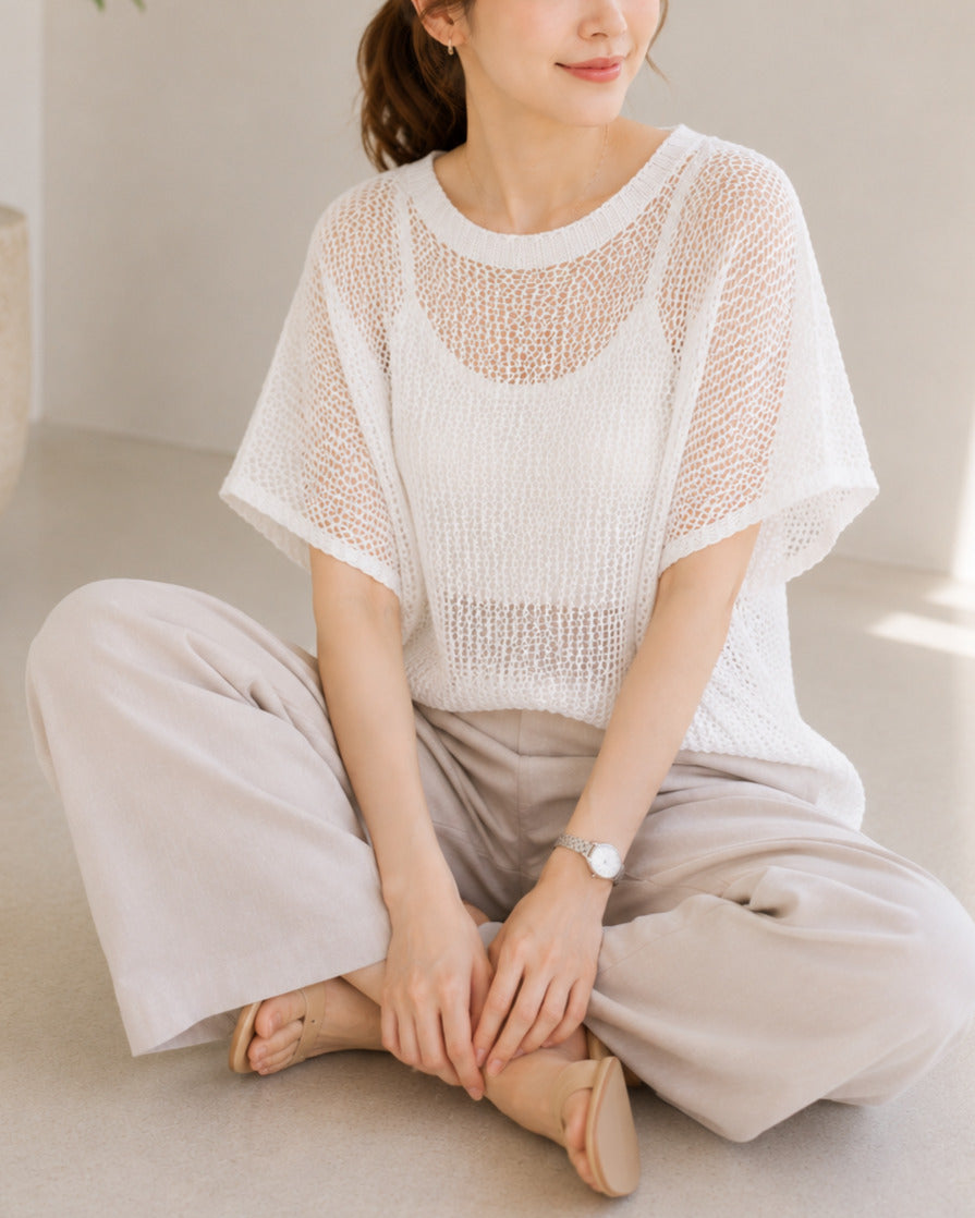 メッシュ編みニットトップス