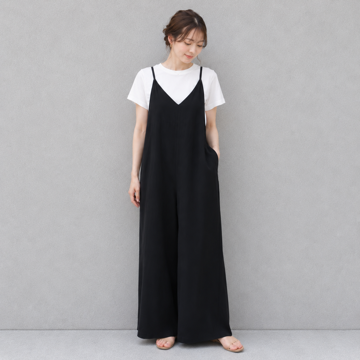 ストラップ調整 Vネック ワイドレッグ サロペット