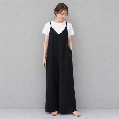 ストラップ調整 Vネック ワイドレッグ サロペット