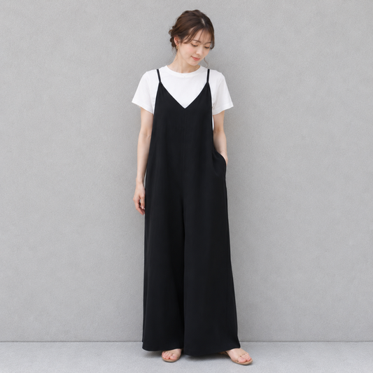 ストラップ調整 Vネック ワイドレッグ サロペット