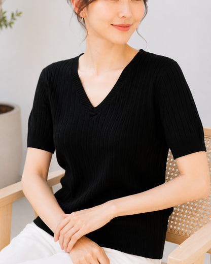 リブ編み半袖ニット