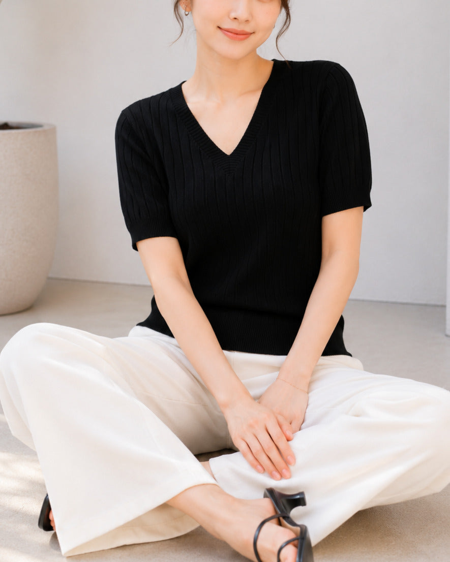 リブ編み半袖ニット