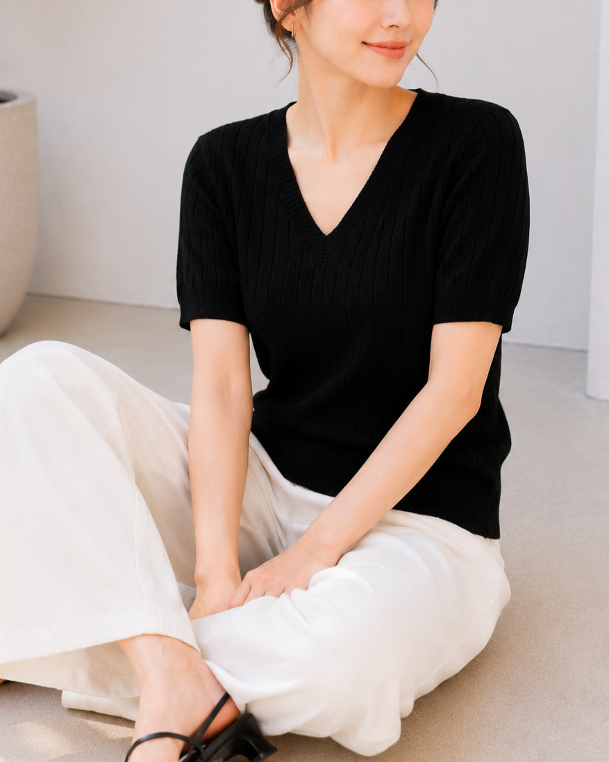 リブ編み半袖ニット
