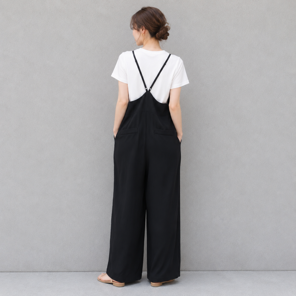 ストラップ調整 Vネック ワイドレッグ サロペット