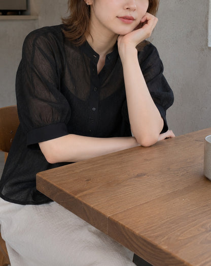 ランタンスリーブ綿麻シャツ