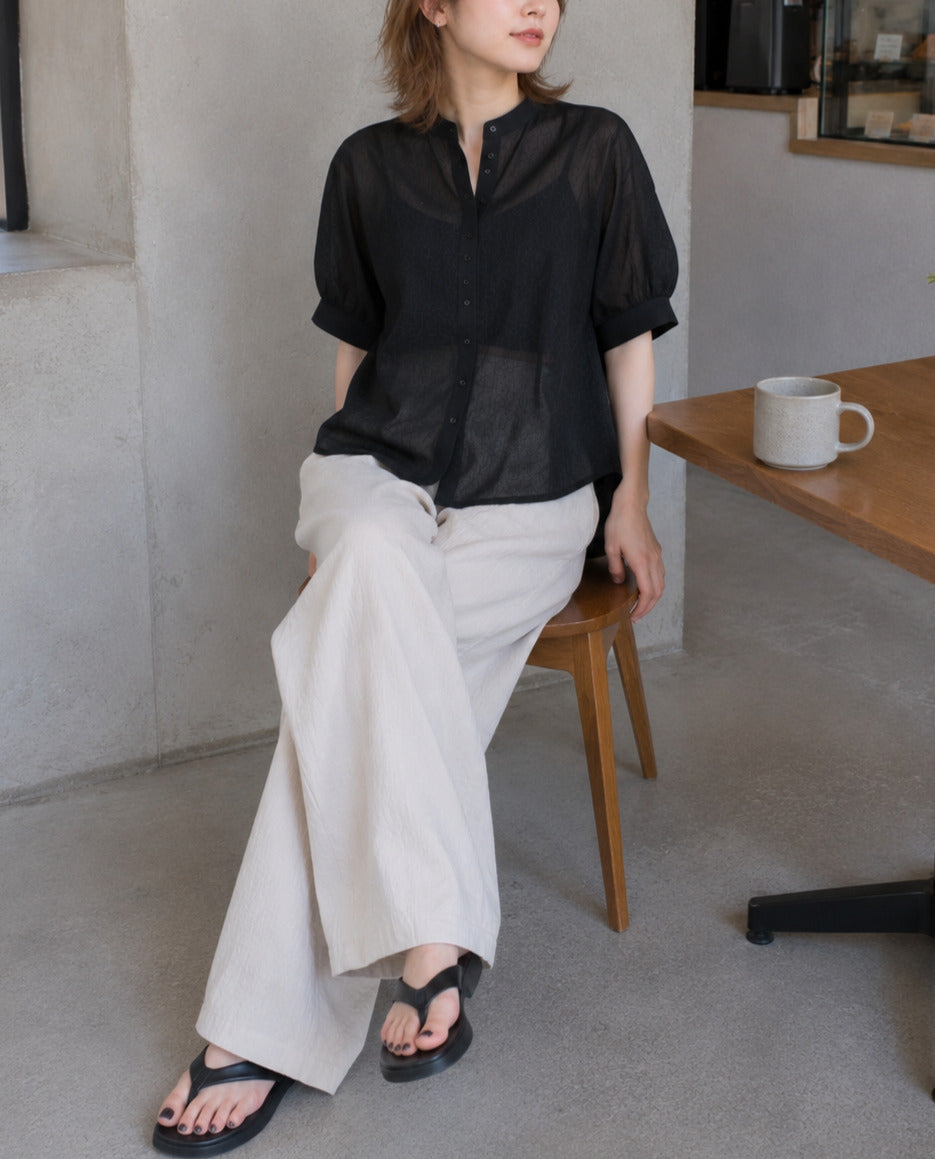ランタンスリーブ綿麻シャツ
