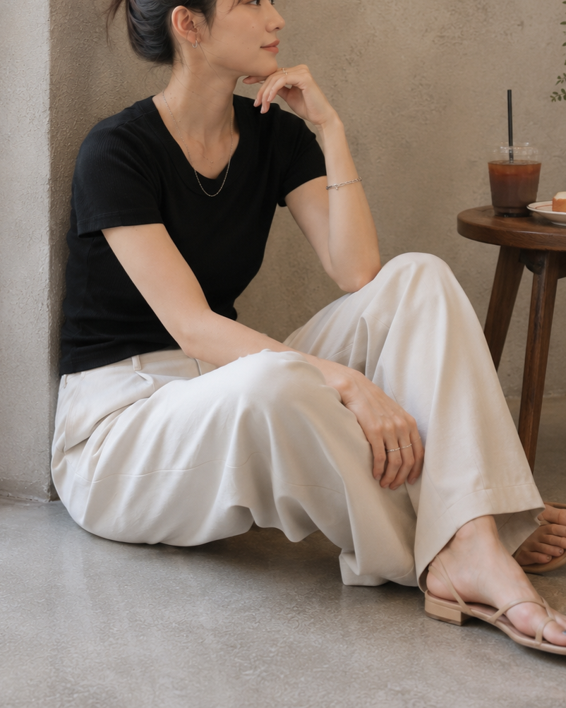 UネックリブTシャツ