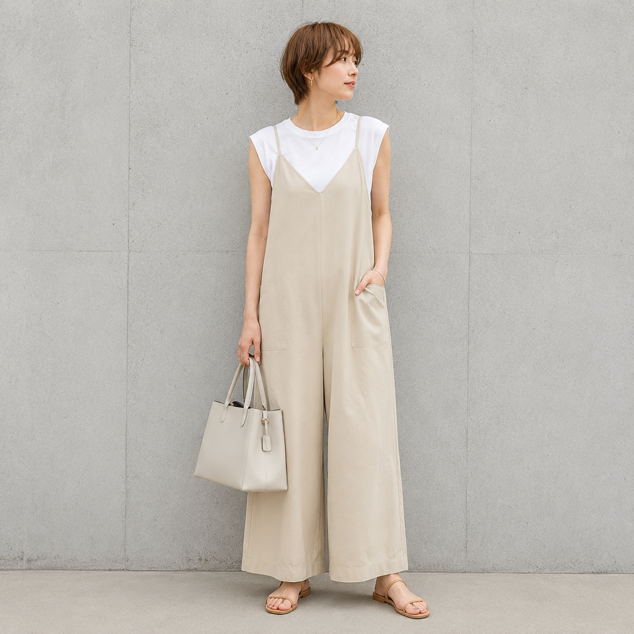 ストラップ調整 Vネック ワイドレッグ サロペット