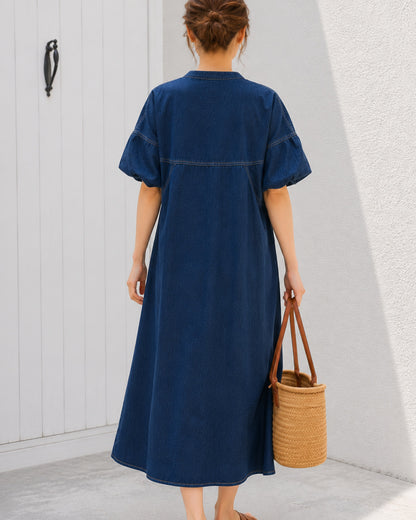 前開きデニムロングワンピース